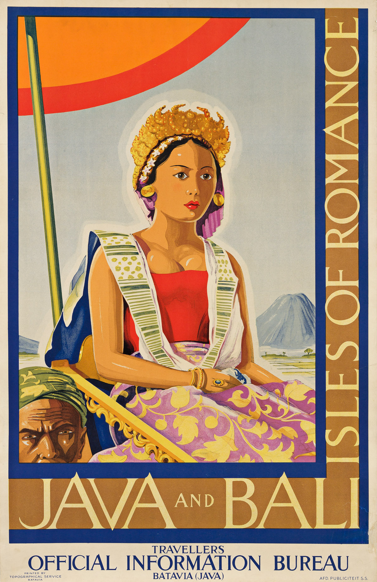 DESIGNER UNKNOWN.  JAVA AND BALI / ISLES OF ROMANCE. Circa 1930s. 36¼x23½ inches, 92x59½ cm. Topographical Services, Batavia.